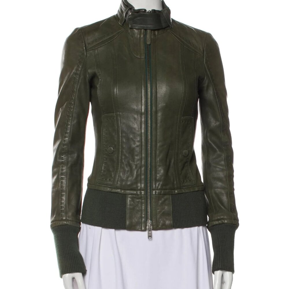 Mackage Lamb Leather Biker Jacket in Olive Green - XXS